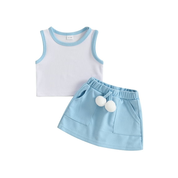 Toddler Kids Girl Summer Clothes Set 12 18 24 Months 2T 3T 4T 5T Sleeveless Round Neck Tank Tops Plush Ball Skorts Shorts Outfit