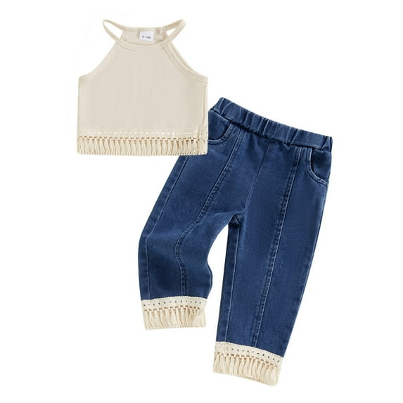 Toddler Kids Girl Summer Clothes Set 6 12 18 24 Months 2T 3T 4T Tassel Crop Tank Tops Elastic Waist Denim Pants 2Pcs Outfit