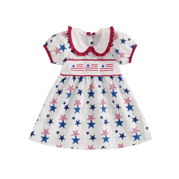 Toddler Kids Girl Summer Dress 2T 3T 4T 5T Short Puff Sleeve Doll Collar Star Print Loose Dresses Toddler A-Line Dress
