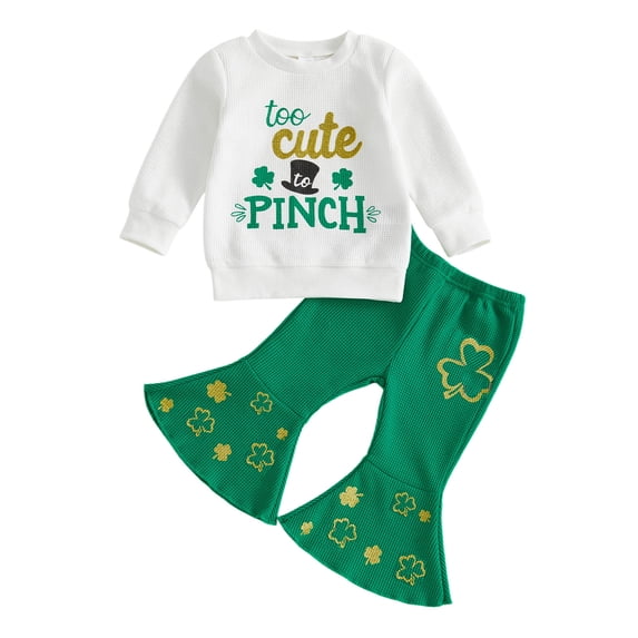 Toddler Kids Girls 2 Piece Outfits SetsSt. Day Outfit Ribbed Long Sleeve Hoodie With Letter Print And Flared Pants Two Piece Fall Tracksuit 12-18 Months