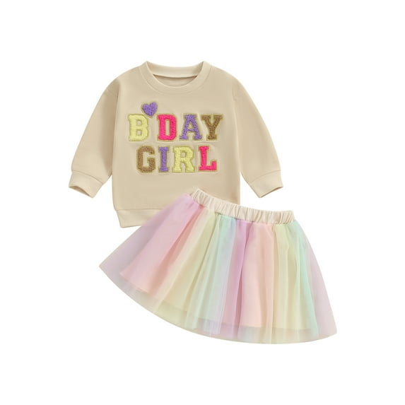 Toddler Kids Girls 2Pcs Birthday Outfits 12 18 24 Months 2T 3T 4T 5T Long Sleeve Letter Embroidery Sweatshirt Tops + Tutu Skirt Set Baby Clothes