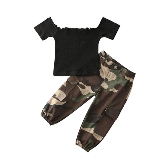 Toddler Kids Girls 2Pcs Clothes Suit Summer Boat-Neck Tops Camouflage Pants