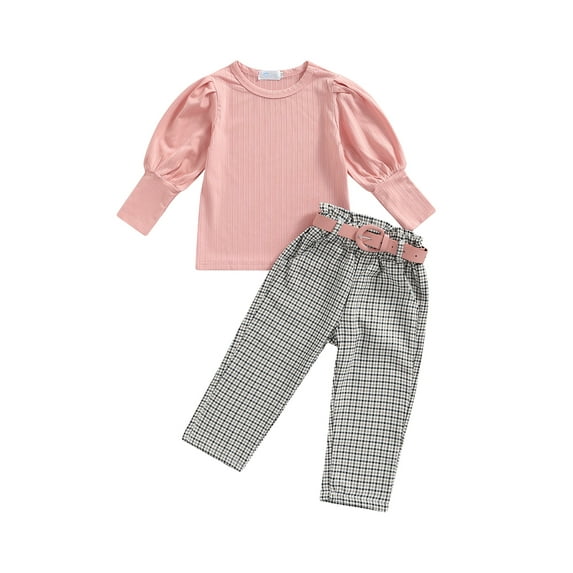 Toddler Kids Girls 3 Pieces Outfits, 1 2 3 4 5 6 Years Solid Color Ribbed Round Neck Long Sleeve Tops + Plaid Long Pants + Belt Clothing Set