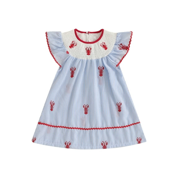 Toddler Kids Girls A-line Dress, 12 18 24 Months 2T 3T 4T 5T Sleeveless Crew Neck Stripes Embroidery Crayfish Party Dress Summer Dresses