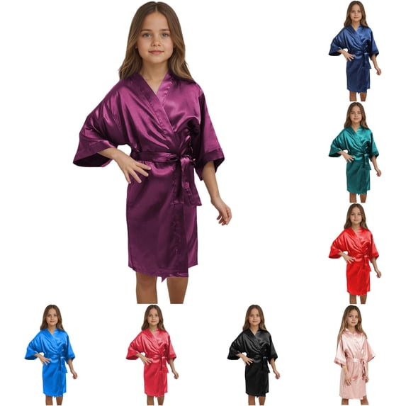 Toddler Kids Girls Bath Robe Outfits Soft Silky Solid with Belt 3/4 Sleeve Cozy Homewear Bathrobe Sleepwear 5-6 Years