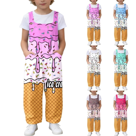 Toddler Kids Girls Boys Ice Cream Rompers Casual Loose Fit Romper With Pockets Ice Print Long Pants Playwear Jumpsuit Cute Outfits 11-12 Years