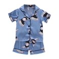 thumbnail image 1 of Toddler Kids Girls Boys Short Sleeve Satin Pajamas Set,Summer Button Down Pajama Shirt Top+Shorts Bottoms Sleepwear Outfits Pjs Rabbit Sleepwear Kids Jammies For Children 1-5T,Blue, 1 of 7