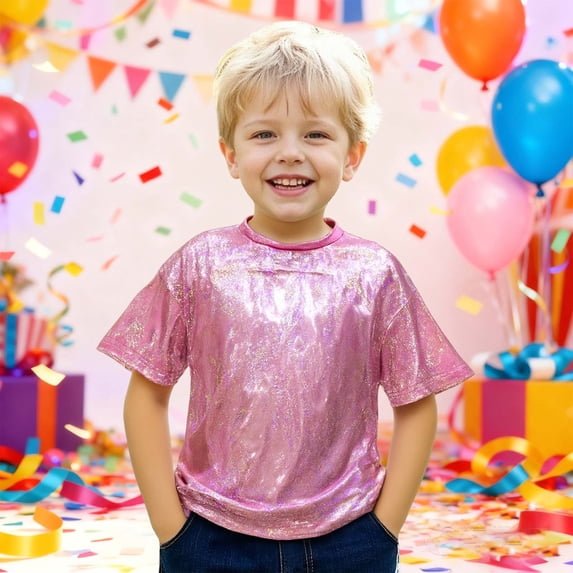 Toddler Kids Girls Boys T Shirts Short Sleeve Unisex Metallic Dance Shirt Sequins Reflective Loose Fit Top For Casual Streetwear Summer Tops Tees 18-19 Years