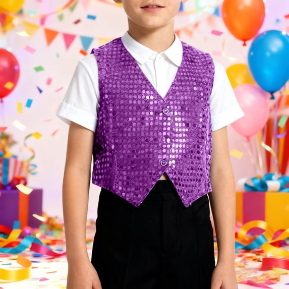 Toddler Kids Girls Boys Vest Jacket Sleeveless Sequins Vest Stage Sparkling For Dance Shows Party Hip Hop Jazz Dancewear Casual Loose Tops 13-15 Years