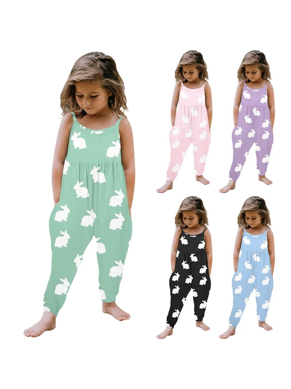 Toddler Kids Girls Cartoon Rompers Sleeveless Baby Casual Easter Print Romper Pants Clothes Jumpsuit Cute Outfits 5-6 Years