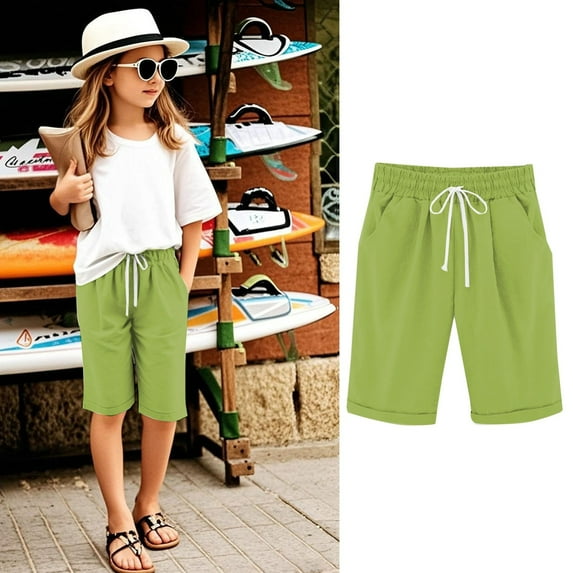 Toddler Kids Girls Casual Bermuda Shorts Drawstring Elastic Waistband Beach Shorts 5-13 Years