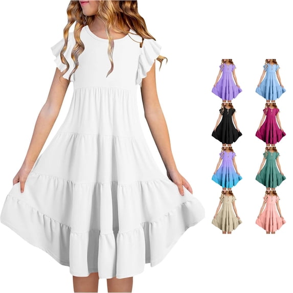 Solid Colar Toddler Kids Girls Casual Dresses Solid Color Short Sleeve Crew Neck ...
