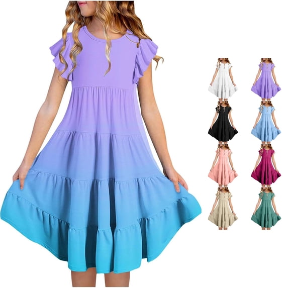 Solid Colar Toddler Kids Girls Casual Dresses Solid Color Short Sleeve Crew Neck ...