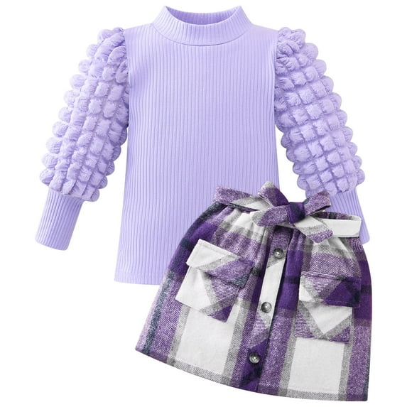 Toddler Kids Girls Clothes Puff Long Sleeve Casual Skirt Set Turtleneck Solid Knit Sweater Top Plaid Button Skirt 2Pcs Fall Winter Outfits 2-7 Years