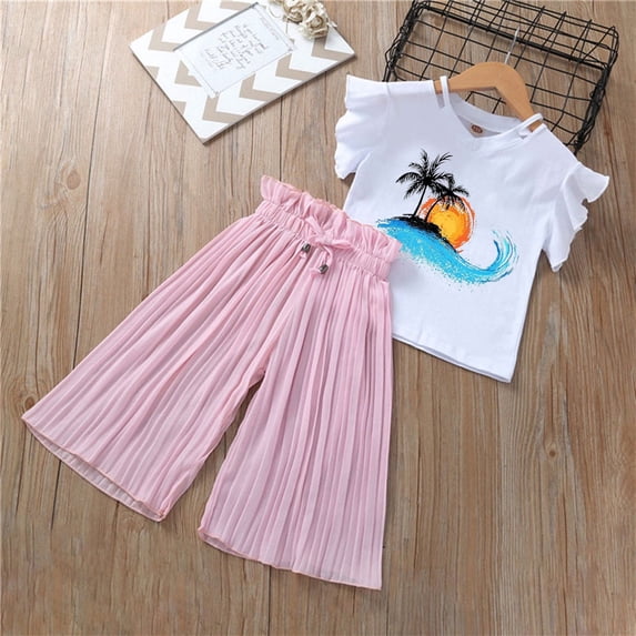 Toddler Kids Girls Clothing Sets Summer Sunflower T Shirt Tops Chiffon Ruched Loose Casual Pants Outfits Children Clothes Breathable Dailywear For Child