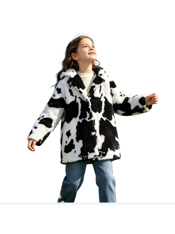 Toddler Kids Girls Cow Print Fleece Jacket Long Sleeve Zip Up Warm Cozy Windproof Hooded Outerwear 8-9 Years
