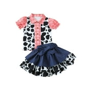 LOLIUICCA Toddler Kids Girls Cow Print Summer Outfits Short Sleeve Shirt Denim Skirt Set Cute Clothes