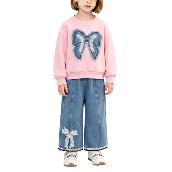 Toddler Kids Girls Cute 2 Piece Sweatsuit Sets Crewneck Sweatshirt and Denim Jeans Baby Boys Bow Applique Trendy Clothing Set