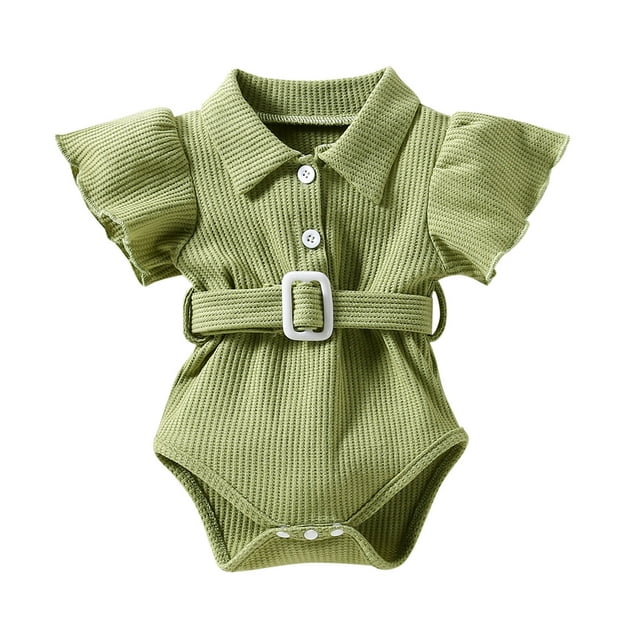 Toddler Kids Girls Cute Ribbed Flare Short Sleeves Romper Jumpsuit Belt