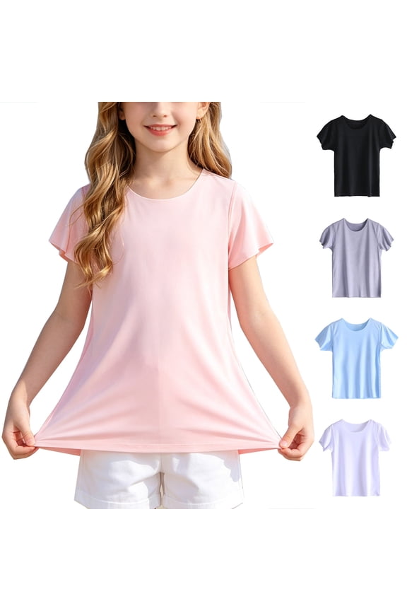Toddler Kids Girls Cute Solid Color Soft Short Sleeve Shirts Ice Silk Cool Casual Top Clothes Toddler Girls Summer Clothes 5T