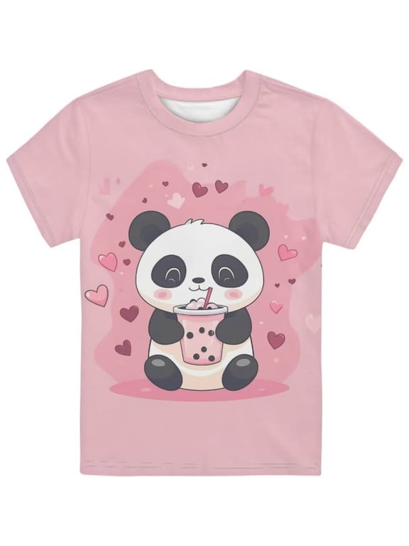 Toddler Kids Girls Cute T-Shirts Panda Bubble Tea Shirt Kawaii Animal Graphic Print Short Sleeve Crew Neck Graphic Tee Top Summer Clothes 5-6T