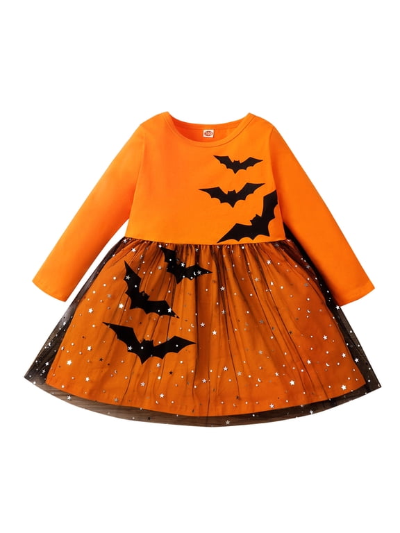 Toddler Kids Girls Dresses Festive Bat Print Long Sleeve Tulle Patchwork Dress for Halloween Party Fall Casual Fall Dress