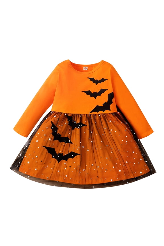 Toddler Kids Girls Dresses Festive Bat Print Long Sleeve Tulle Patchwork Dress for Halloween Party Fall Casual Fall Dress