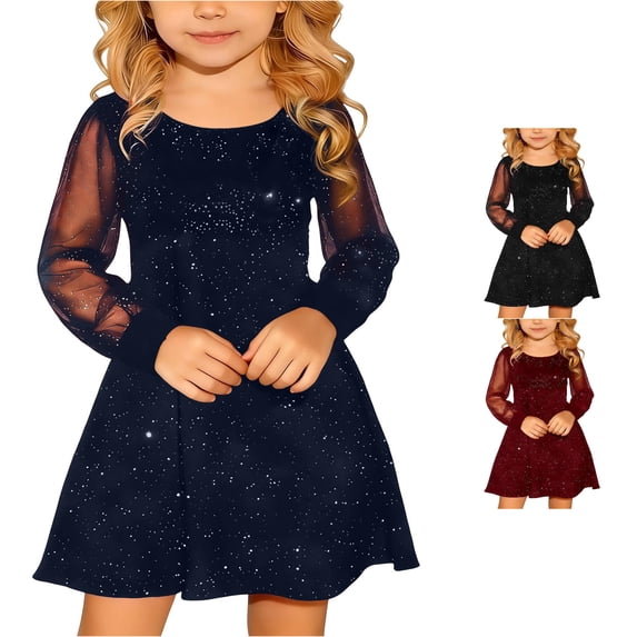 Toddler Kids Girls Dresses Sheer Long Sleeve Crew Neck Sparkly A-Line Dress for Vacation Holiday Casual Fall Dress