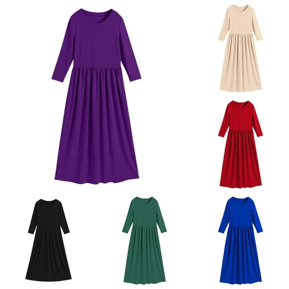 Toddler Kids Girls Dresses Solid Color Long Sleeve Crew Neck Stretchy A-Line Maxi Dress for Spring Autumn Vacation Casual Fall Dress