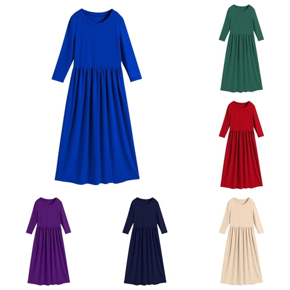 Toddler Kids Girls Dresses Solid Color Long Sleeve Crew Neck Stretchy A-Line Maxi Dress for Spring Autumn Vacation Casual Fall Dress