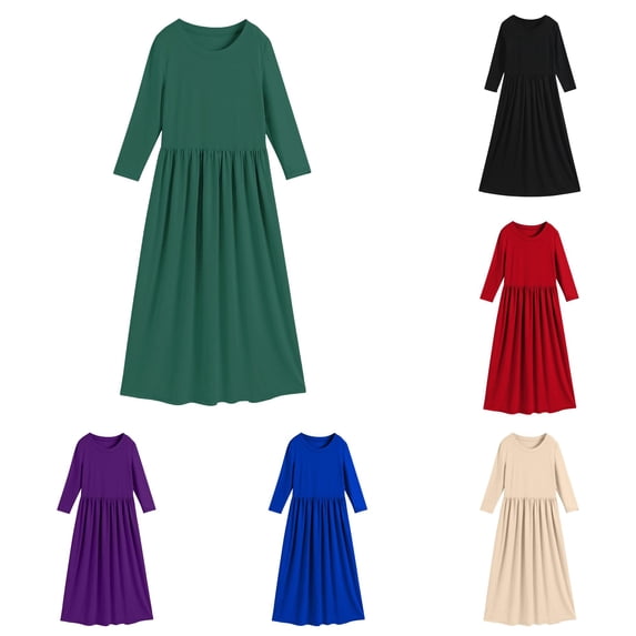 Toddler Kids Girls Dresses Solid Color Long Sleeve Crew Neck Stretchy A-Line Maxi Dress for Spring Autumn Vacation Casual Fall Dress