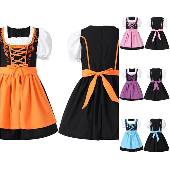 Toddler Kids Girls Dresses Traditional German Lace Up Bodice Short Sleeve A-Line Dress for Oktoberfest Vacation Casual Dress