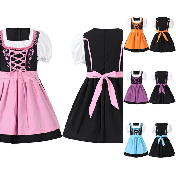 Toddler Kids Girls Dresses Traditional German Lace Up Bodice Short Sleeve A-Line Dress for Oktoberfest Vacation Casual Dress
