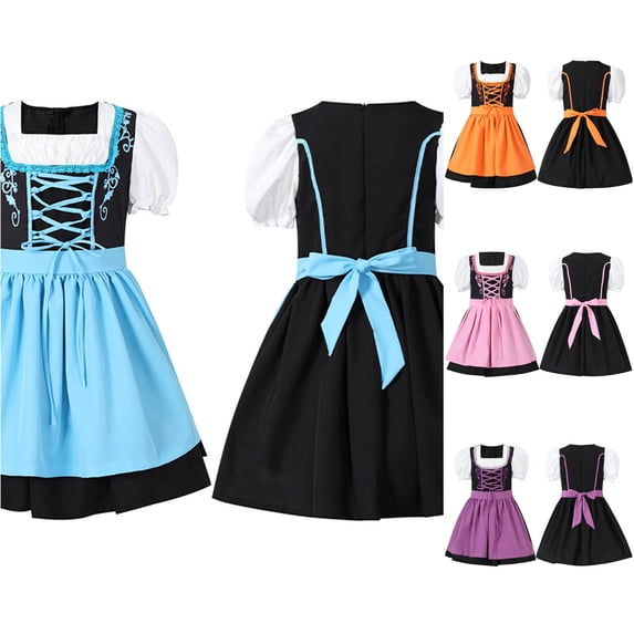 Toddler Kids Girls Dresses Traditional German Lace Up Bodice Short Sleeve A-Line Dress for Oktoberfest Vacation Casual Dress