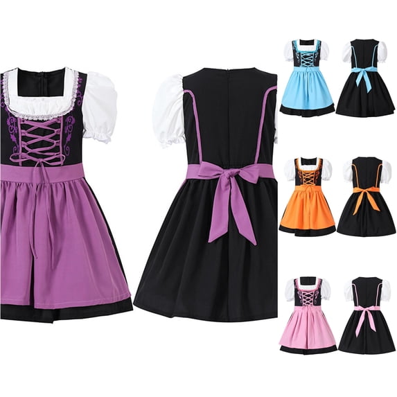 Toddler Kids Girls Dresses Traditional German Lace Up Bodice Short Sleeve A-Line Dress for Oktoberfest Vacation Casual Dress