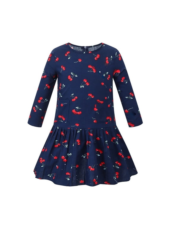 Toddler Kids Girls Floral Fruit Cherry Long Sleeves Pockets Beach Dress Princess Clothes Kids Easter Dresses Frocks Girls 3_4years Frocks Dress with Sleeves for Girls Girl Wedding 2t Thanksgiving