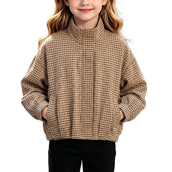 Toddler Kids Girls Gingham Plaid Jacket Long Sleeve Zip Up Lightweight Windproof Classic Outerwear 4-5 Years