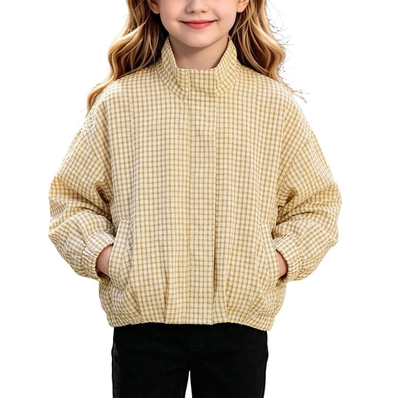 Toddler Kids Girls Gingham Plaid Jacket Long Sleeve Zip Up Lightweight Windproof Classic Outerwear 4-5 Years