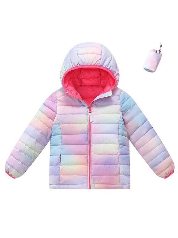 Toddler Kids Girls Gradient Rainbow Puffer Jacket Long Sleeve Zip Up Warm Cozy Windproof Hooded Outerwear 6-7 Years