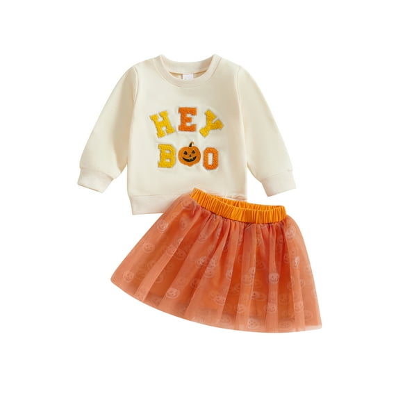 Toddler Kids Girls Halloween 2PCS Skirt Outfits 12 18 24 Months 2T 3T 4T 5T Long Sleeve Letter Pumpkin/Letter Ghost Embroidery Tops Tulle Skirt Clothing Set