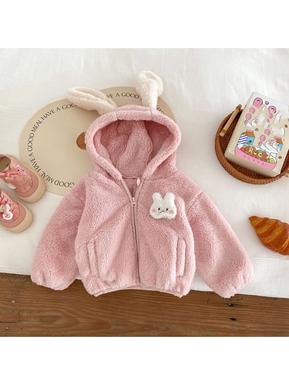 Toddler Kids Girls Jacket Fleece Hoodie Bunny Ear Zip Up Long Sleeve Winter Warm Outerwear Windproof Coat 9-12M
