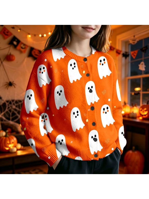 Toddler Kids Girls Jacket Halloween Ghost Print Cardigan Long Sleeve Button Down Warm Cozy Windproof Classic Outerwear Lightweight Coat 13-14T