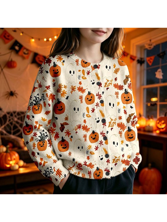 Toddler Kids Girls Jacket Halloween Ghost Pumpkin Cardigan Long Sleeve Button Down Soft Warm Casual Outerwear Lightweight Coat 13-14T