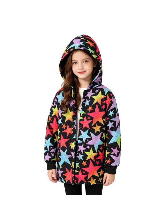 Toddler Kids Girls Jacket Star Print Hoodie Long Sleeve Zip Up Warm Cozy Windproof Versatile Classic Outerwear Lightweight Coat 8-9T