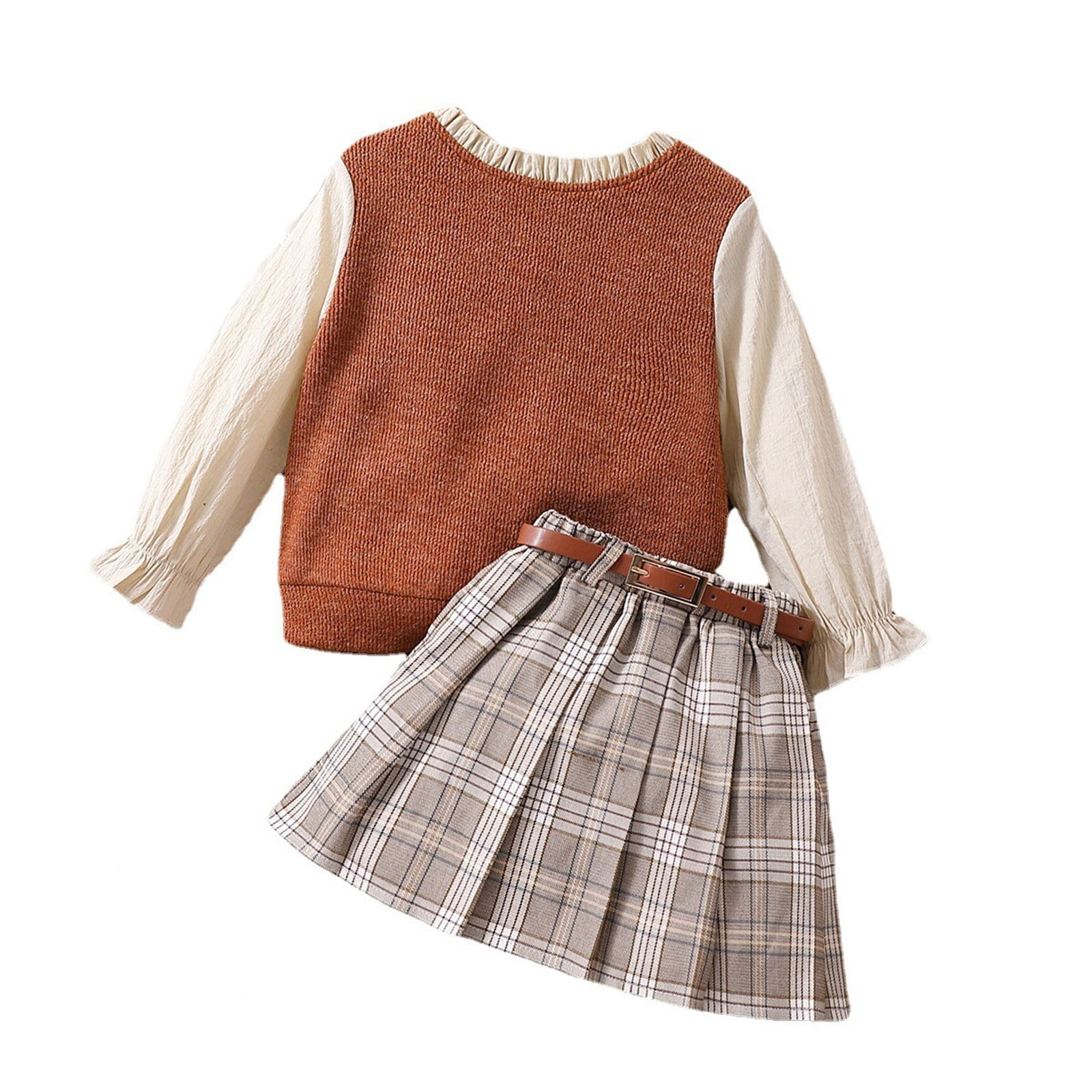 Toddler Kids Girls Long Ruffled Sleeve Patchwork Tops Plaid Skirt With Belt 3PCS Outfits Set For 5 6 Years Walmart