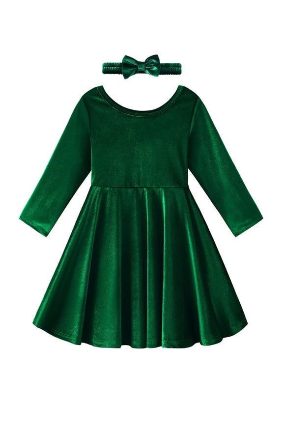 Toddler Kids Girls Long-Sleeve Dress & Matching Hairband Set - Velvet, Knee-Length, Swing Twirly Skater Dress for Casual Wear & Special Occasions