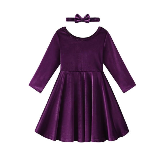 Toddler Kids Girls Long-Sleeve Dress & Matching Hairband Set - Velvet, Knee-Length, Swing Twirly Skater Dress for Casual Wear & Special Occasions
