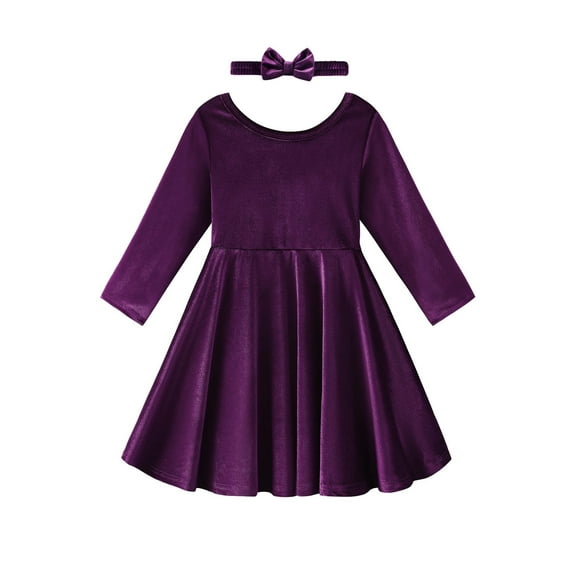 Toddler Kids Girls Long-Sleeve Dress & Matching Hairband Set - Velvet, Knee-Length, Swing Twirly Skater Dress for Casual Wear & Special Occasions