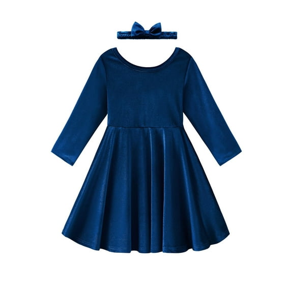 Toddler Kids Girls Long-Sleeve Dress & Matching Hairband Set - Velvet, Knee-Length, Swing Twirly Skater Dress for Casual Wear & Special Occasions