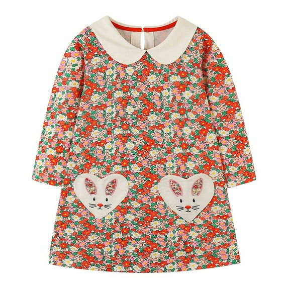 Toddler Kids Girls Long Sleeve Dresses Lapel Flower Cat Floral Print Casual Loose Dress for 1-9 Years